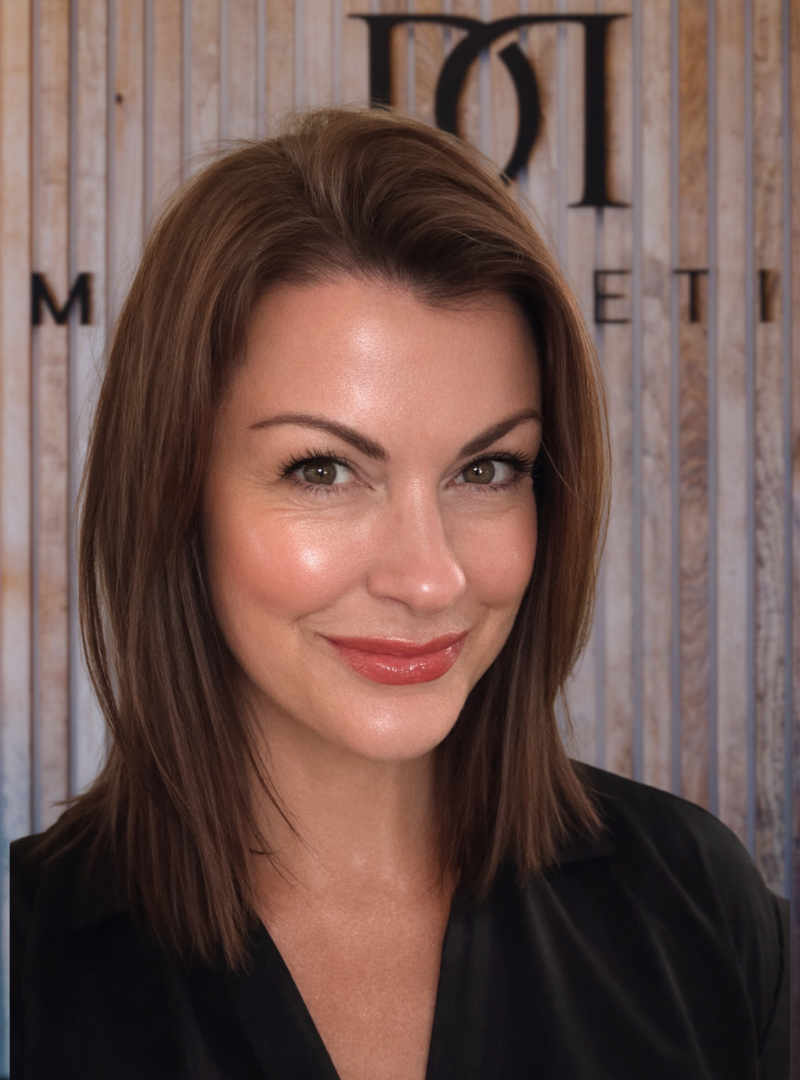 Elizabeth, team member at MD Esthetics Norfolk, smiling in front of the MD Esthetics logo