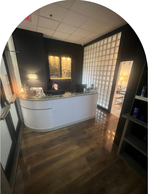 Front desk area at MD Esthetics Pittsfield, MA location with modern design and welcoming ambiance.