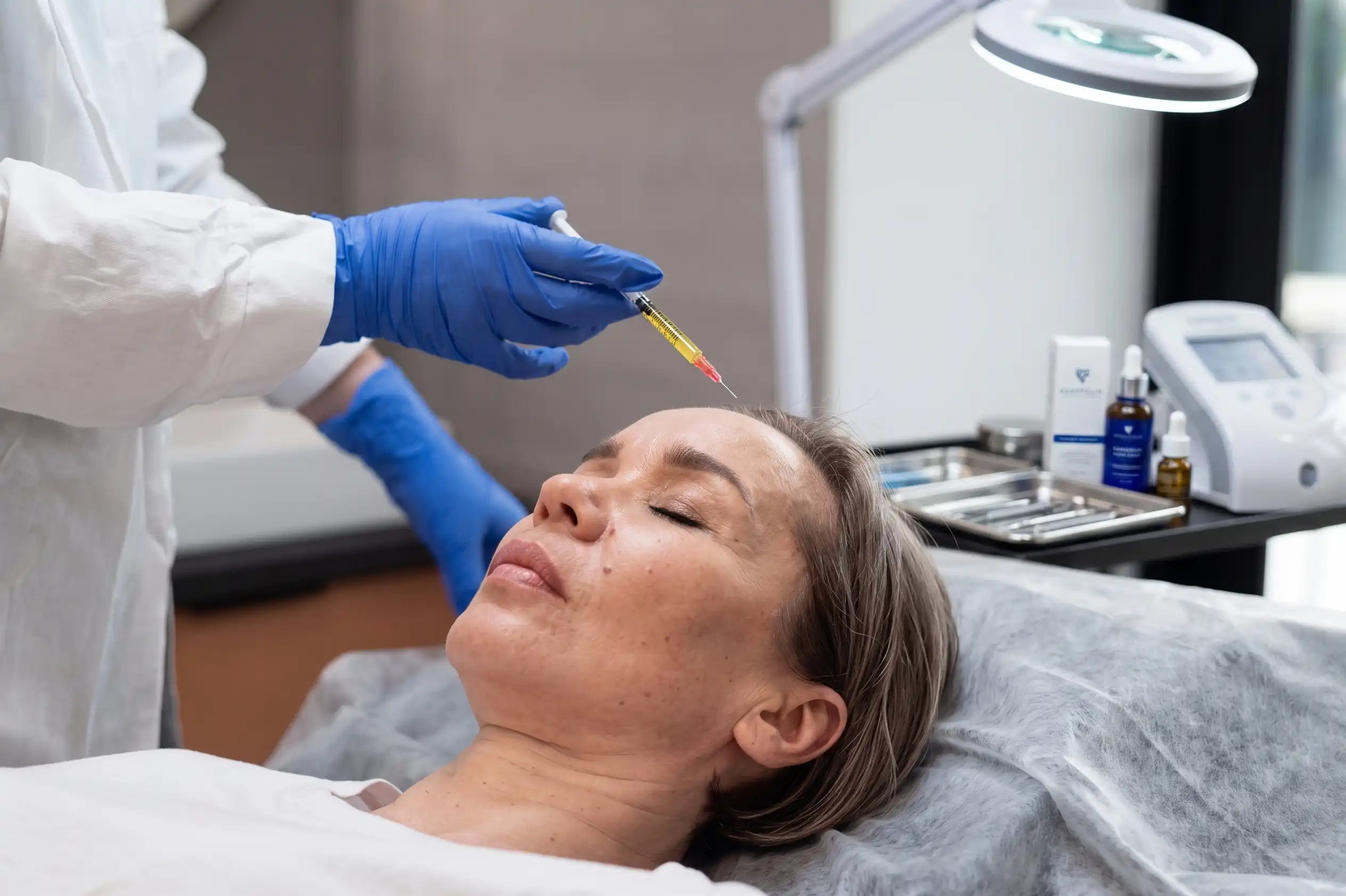 Clinician performing a facial treatment in an MD Esthetics treatment room.